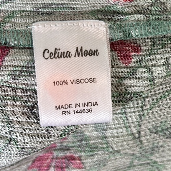 Celina Moon Green Pink Floral Crochet Lace Trimmed Tiered Crinkly Mini Dress - M - Picture 10 of 12